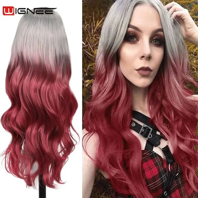 Light Blue Wig Synthetic Ombre Long Wavy Body Wave Side Part Heat Resistant Natural Hair Wigs