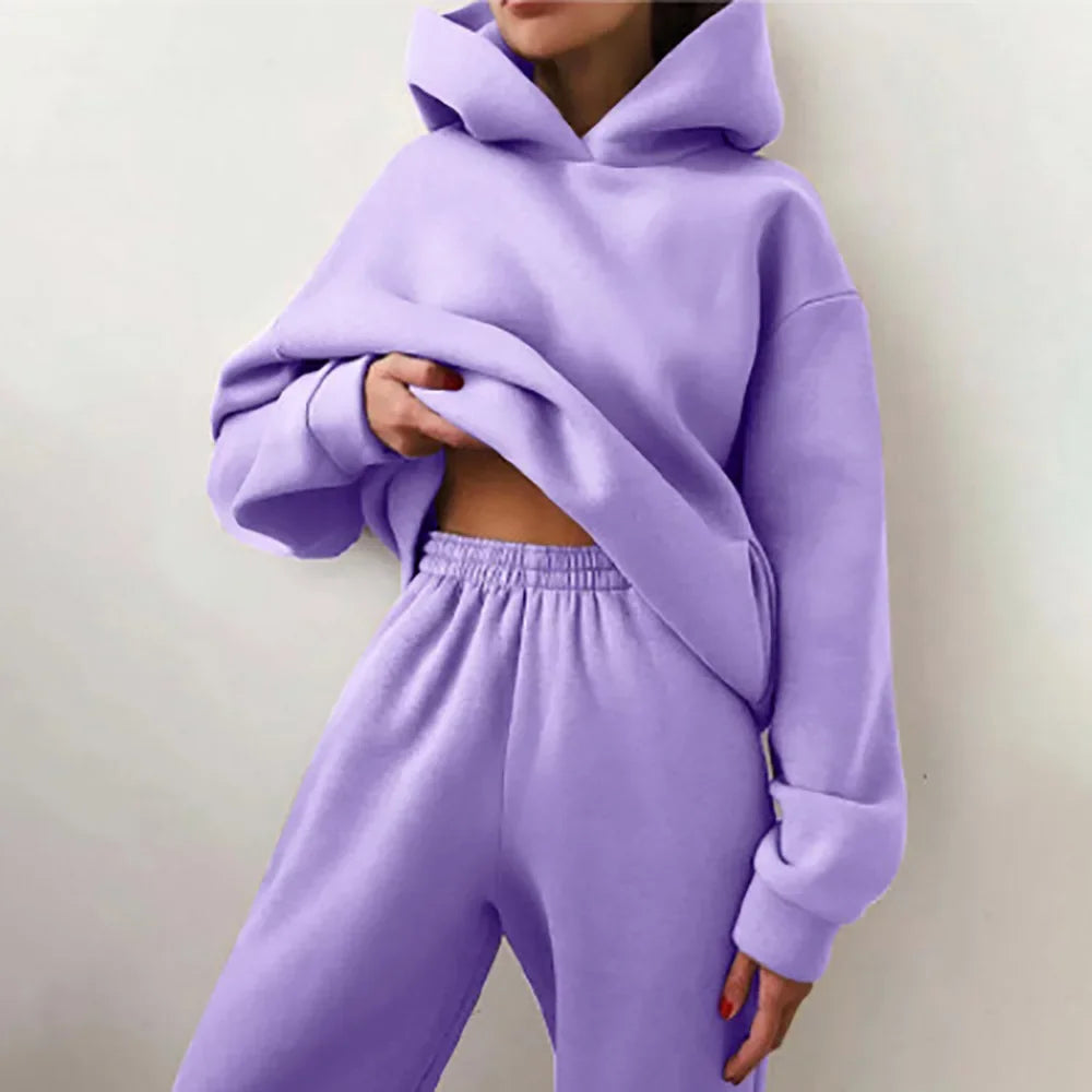 Women Tracksuit Set Solid Long Sleeve Sport Suits Autumn Winter Warm Hooded Sweatshirts And Jogger Pants  Two Piece Set