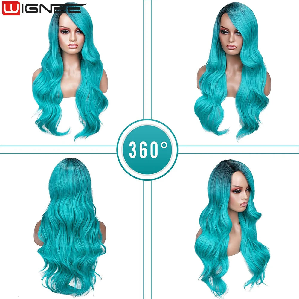Light Blue Wig Synthetic Ombre Long Wavy Body Wave Side Part Heat Resistant Natural Hair Wigs