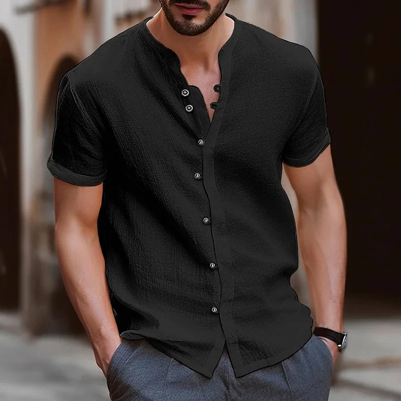 High quality fashion men's collarless short sleeve Polo shirt men's beach style casual collarless T-shirt garment top