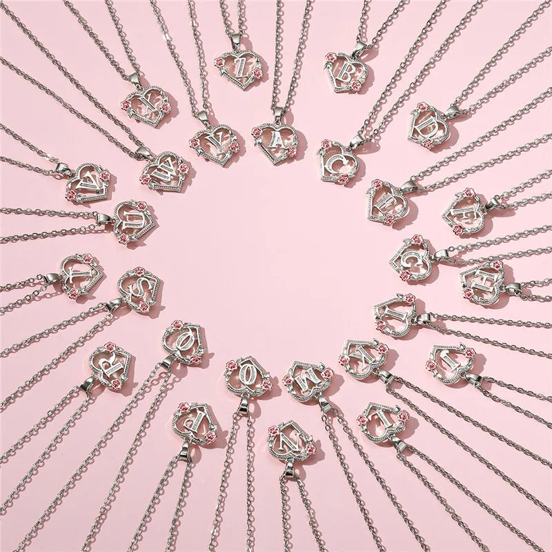 Cute Female A-Z Letter Flower Pendant Necklace Silver Color  Jewelry Gift For Women