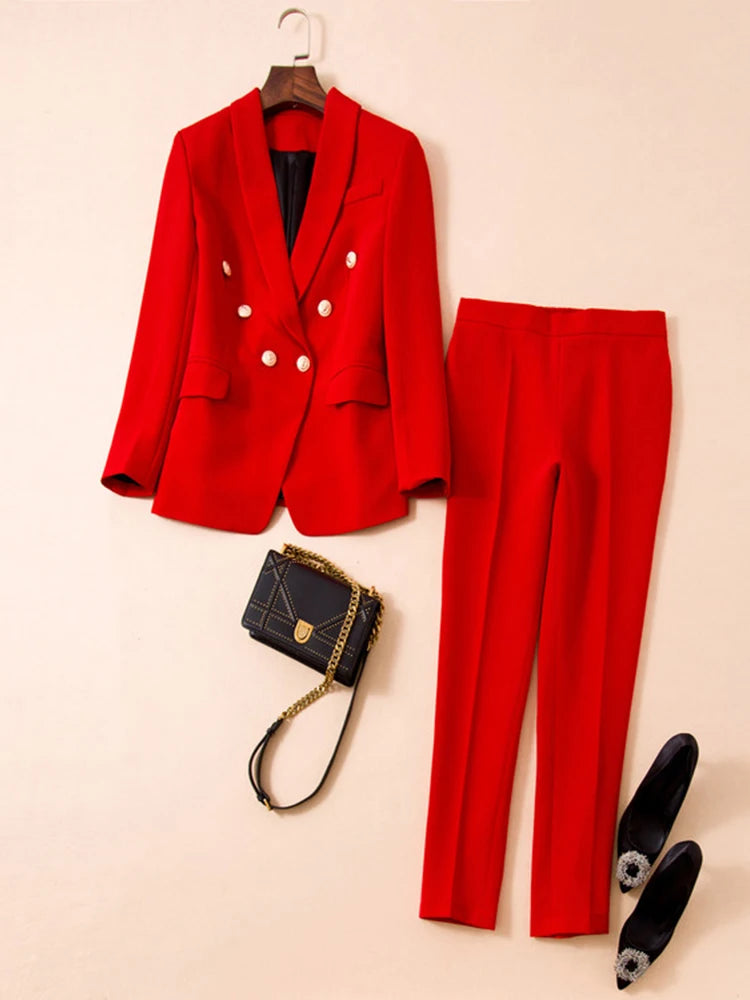 Designer Blazer Suit Set Women's Classic Shawl Collar Lion Buttons Double Breasted Blazer Pants Suit