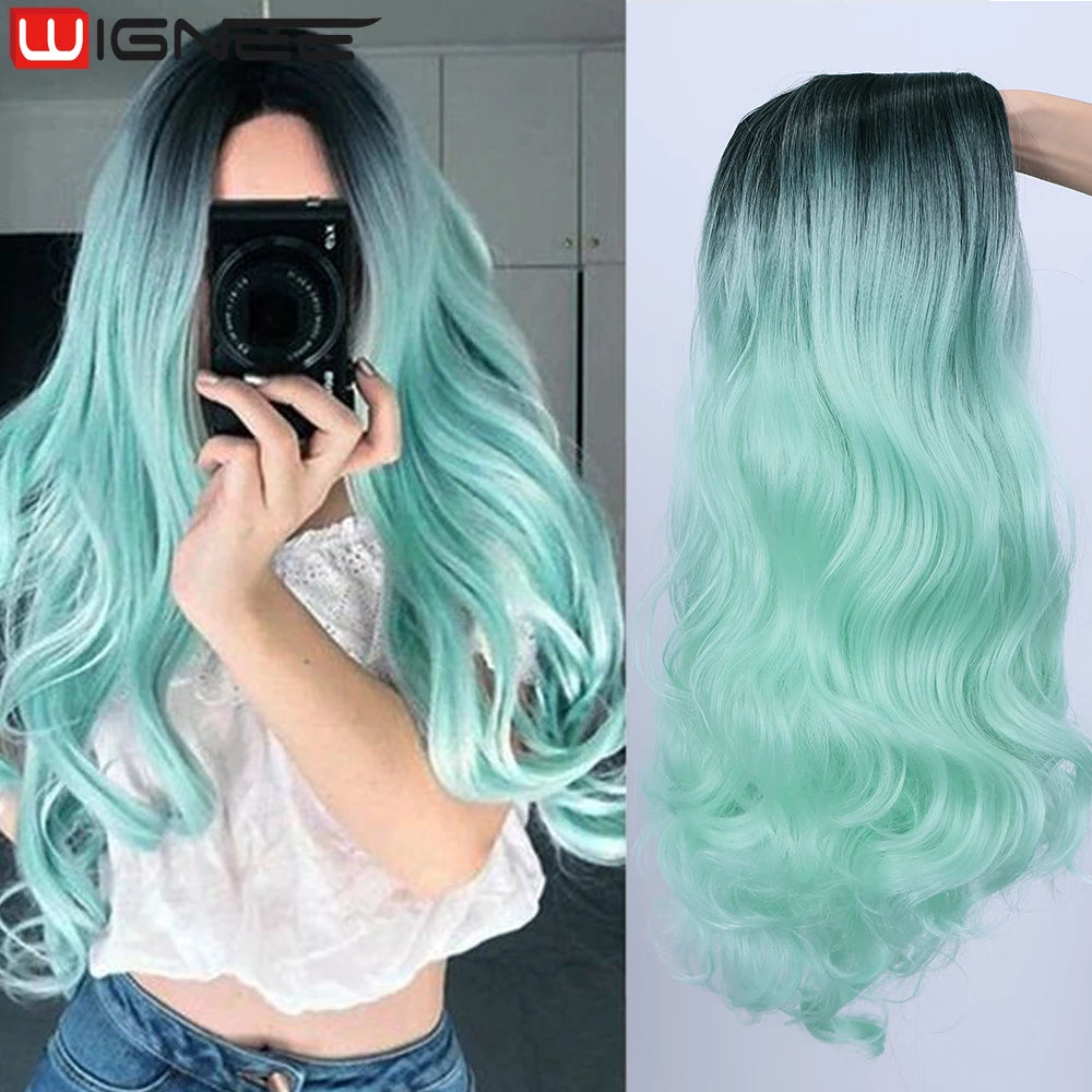 Light Blue Wig Synthetic Ombre Long Wavy Body Wave Side Part Heat Resistant Natural Hair Wigs
