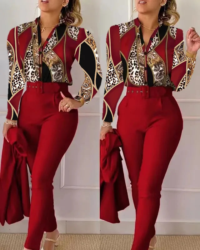 Stand Neck Floral Print Long Sleeve Shirt Pants Two Piece Sets Elegant Women Casual Shirt Trousers Suits With Belt
