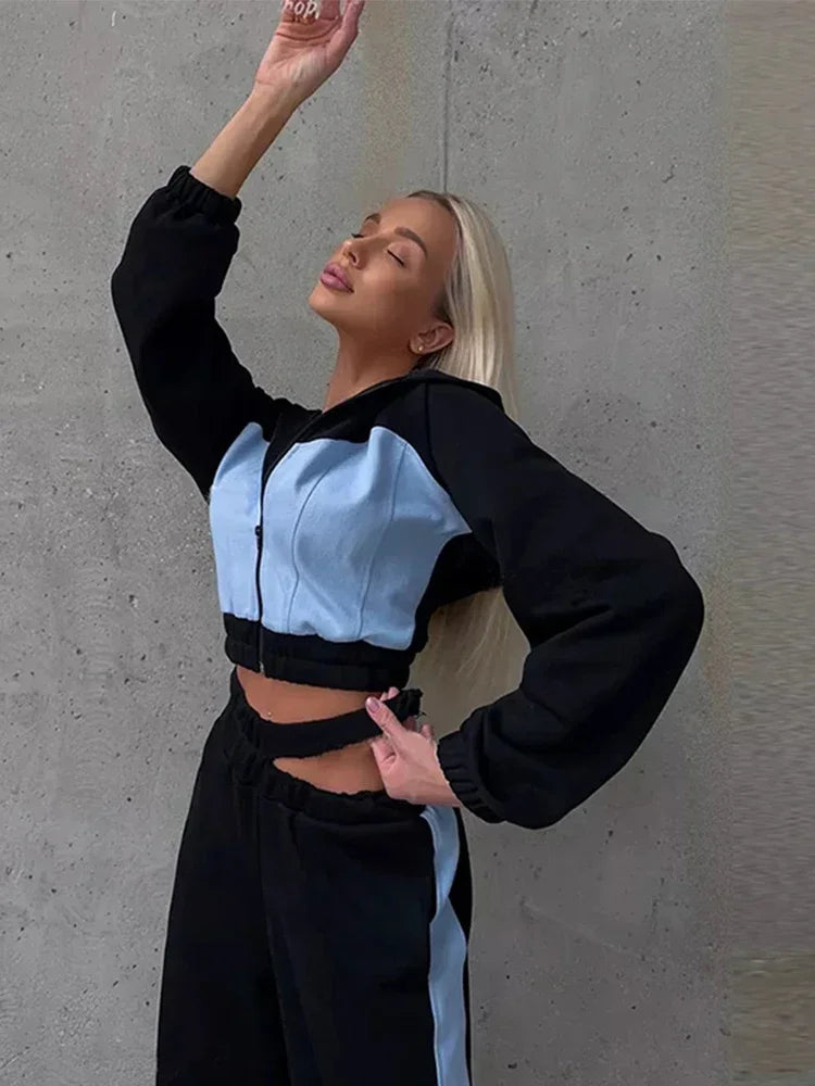 2 Piece Hoodie Sets Long Sleeve Zipper Women's Tracksuit New Crop Tops Wide Leg Sport Pants Set