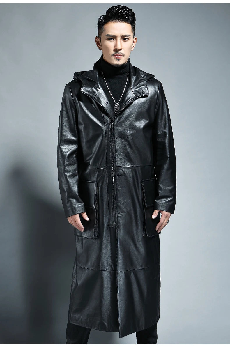Spring Autumn Extra Long Black Loose Waterproof Windproof Soft Pu Leather Trench Coats Men with Hood Zip Up Overcoat