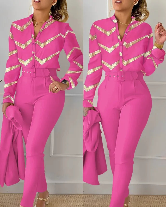 Stand Neck Floral Print Long Sleeve Shirt Pants Two Piece Sets Elegant Women Casual Shirt Trousers Suits With Belt