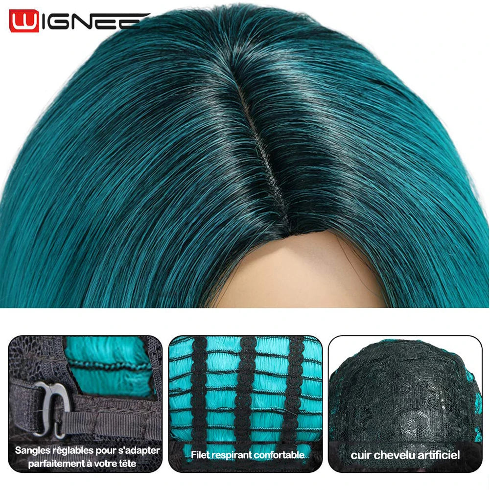 Light Blue Wig Synthetic Ombre Long Wavy Body Wave Side Part Heat Resistant Natural Hair Wigs