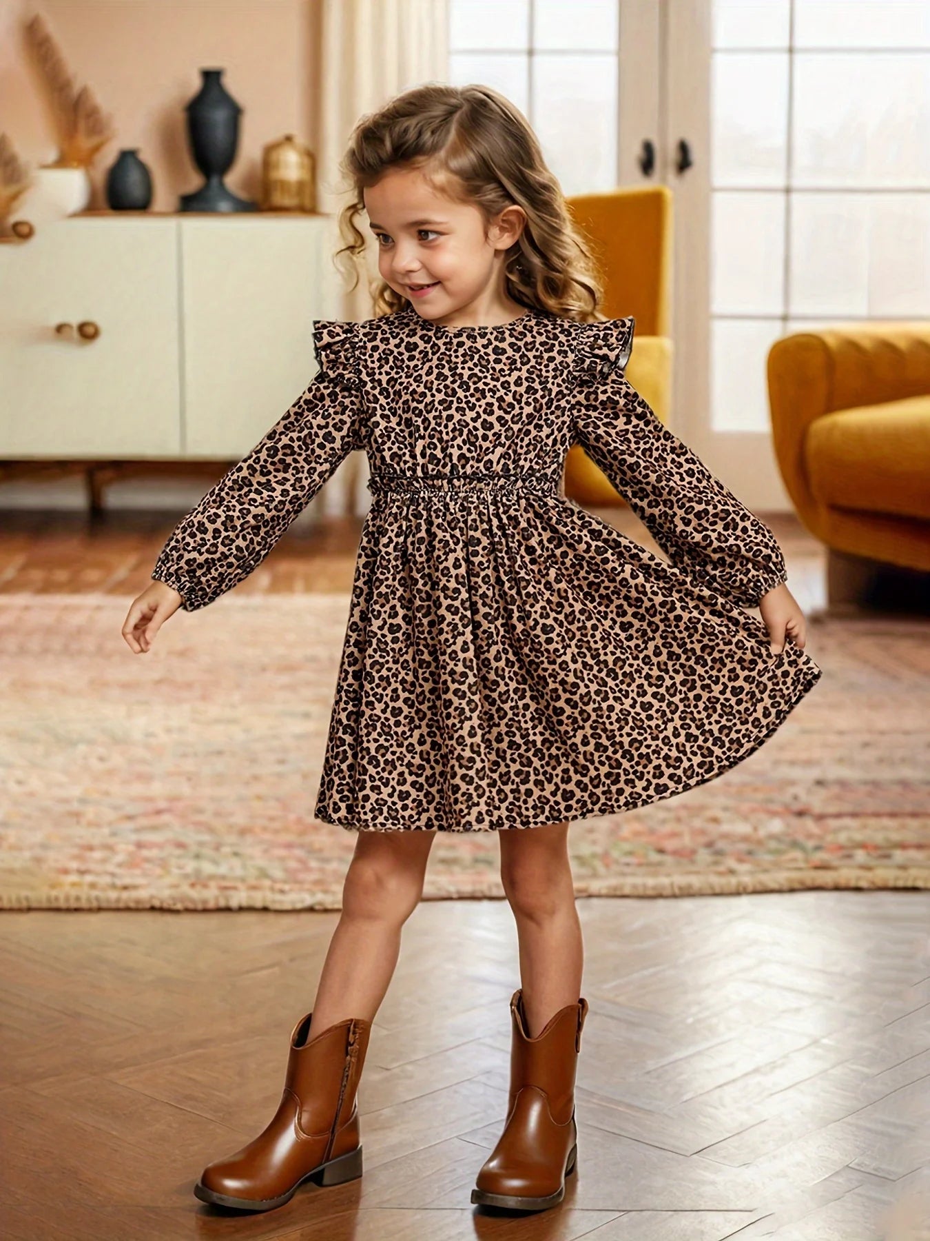Girls Leopard Print Long-Sleeved Drop Collar Small Flying Sleeves Long-Sleeved Ruffled Simple Dress