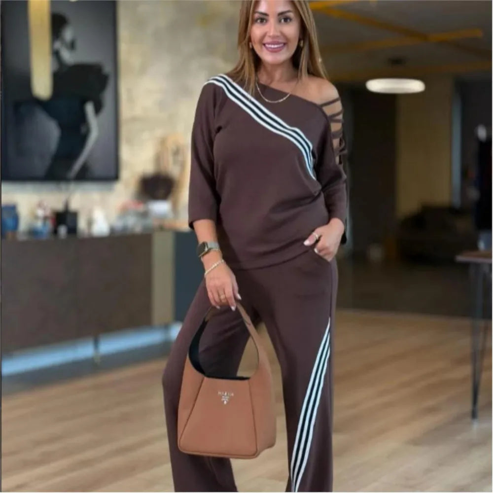 Fashion Printed Striped Cutout 7-inch Sleeve T-shirt Women Long Pants 2piece Set Autumn Casual Loose Sport Long Pants Set