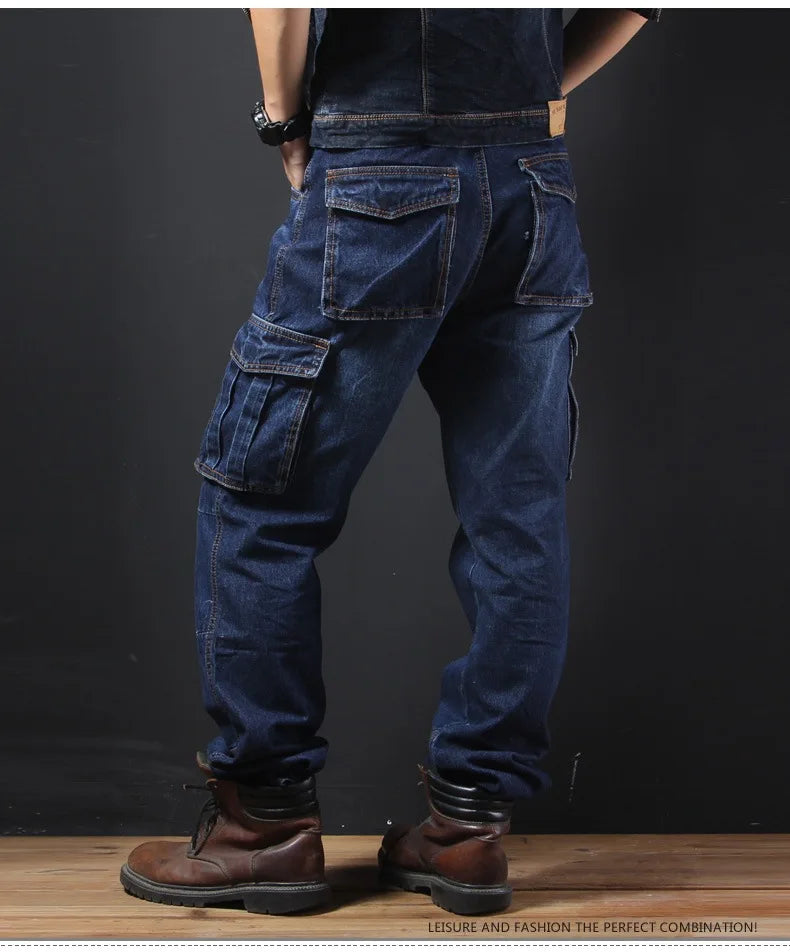 Men's Multi-Pocket Straight Cargo Jeans Loose Casual Jeans