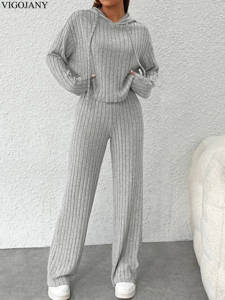 Knit Long Sleeve Pullover Set Winter Casual Knitted High Waist Long Pants Suit Women Hooded Gray Sport Two Piece Set