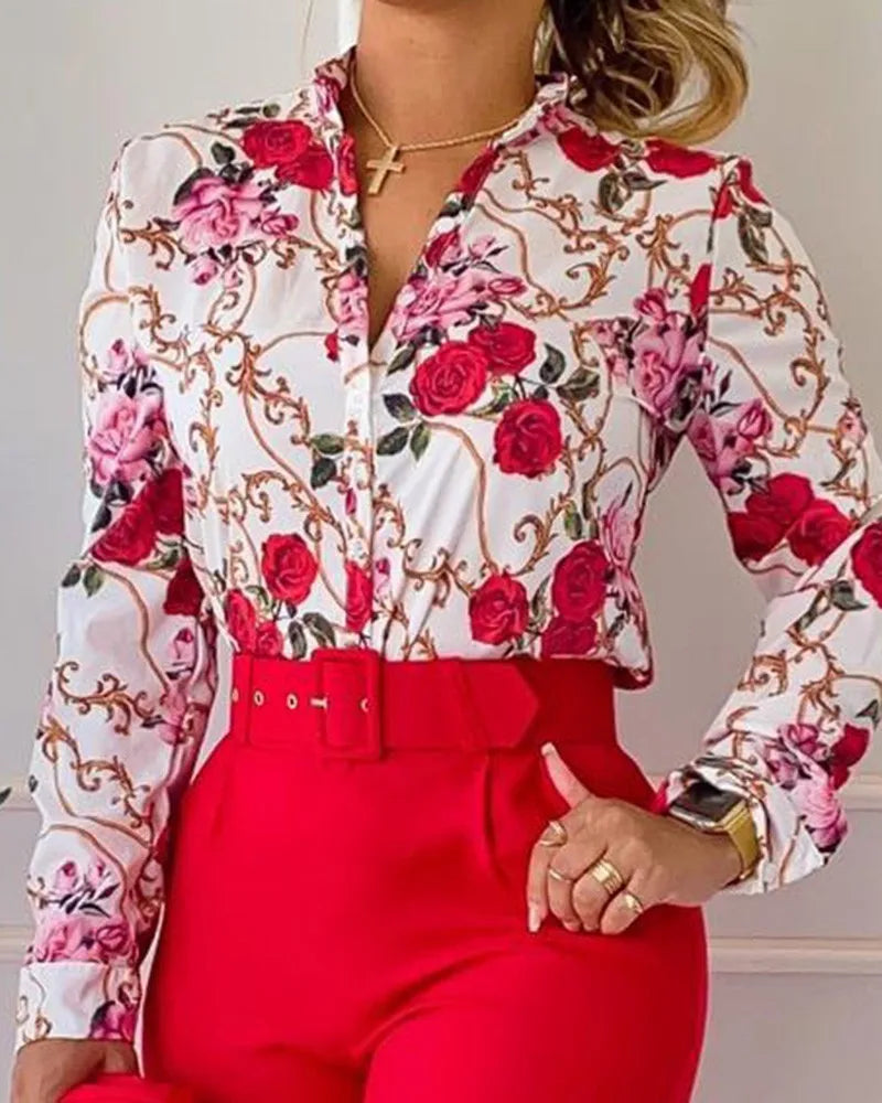 Stand Neck Floral Print Long Sleeve Shirt Pants Two Piece Sets Elegant Women Casual Shirt Trousers Suits With Belt