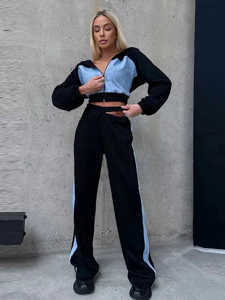 2 Piece Hoodie Sets Long Sleeve Zipper Women's Tracksuit New Crop Tops Wide Leg Sport Pants Set