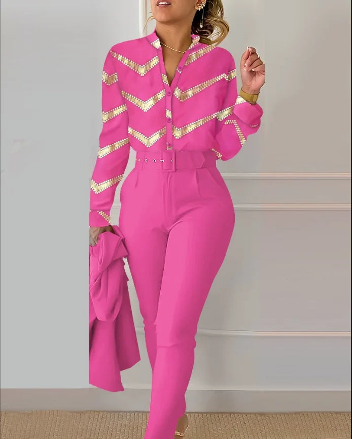Stand Neck Floral Print Long Sleeve Shirt Pants Two Piece Sets Elegant Women Casual Shirt Trousers Suits With Belt