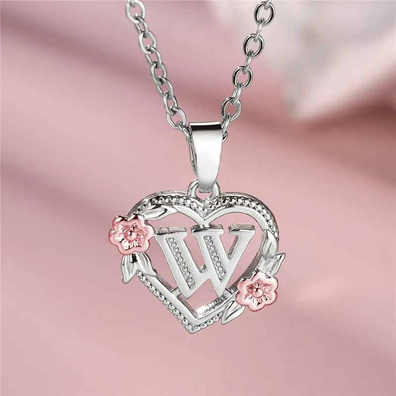 Cute Female A-Z Letter Flower Pendant Necklace Silver Color  Jewelry Gift For Women