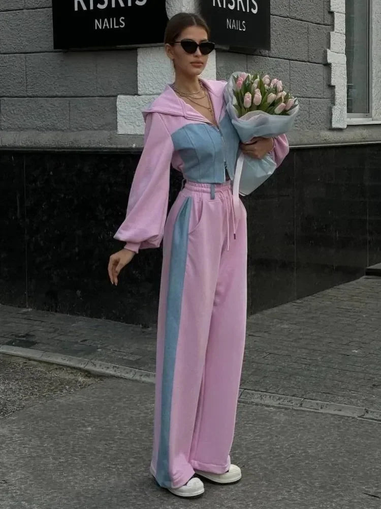 2 Piece Hoodie Sets Long Sleeve Zipper Women's Tracksuit New Crop Tops Wide Leg Sport Pants Set