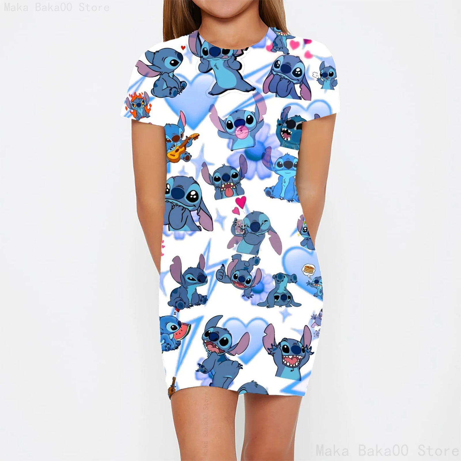 Stitch round neck short-sleeved skirt girls cartoon print tights clothes