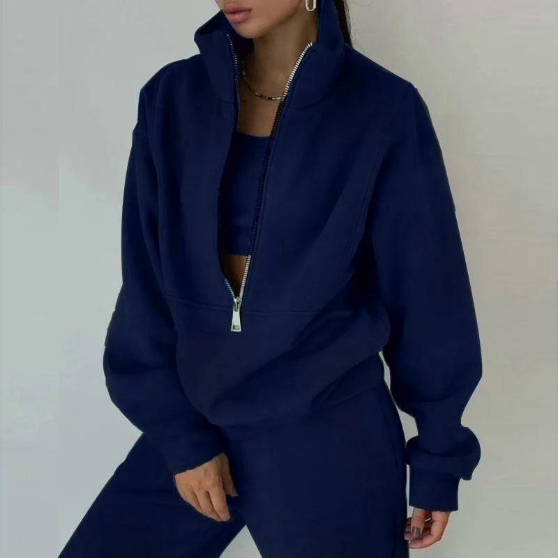Sporty Sweatshirt Sets Two Pieces  Stand Collar Zip Long Sleeve Hoodie &High Elastic Sweat-pant Suits