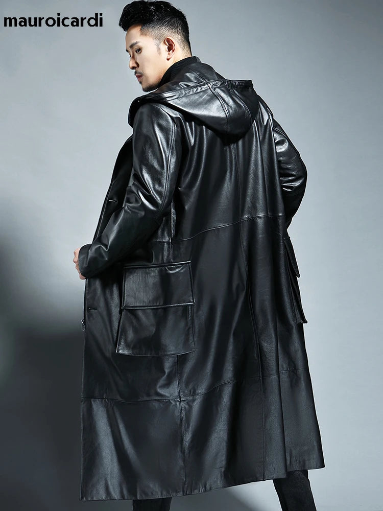 Spring Autumn Extra Long Black Loose Waterproof Windproof Soft Pu Leather Trench Coats Men with Hood Zip Up Overcoat