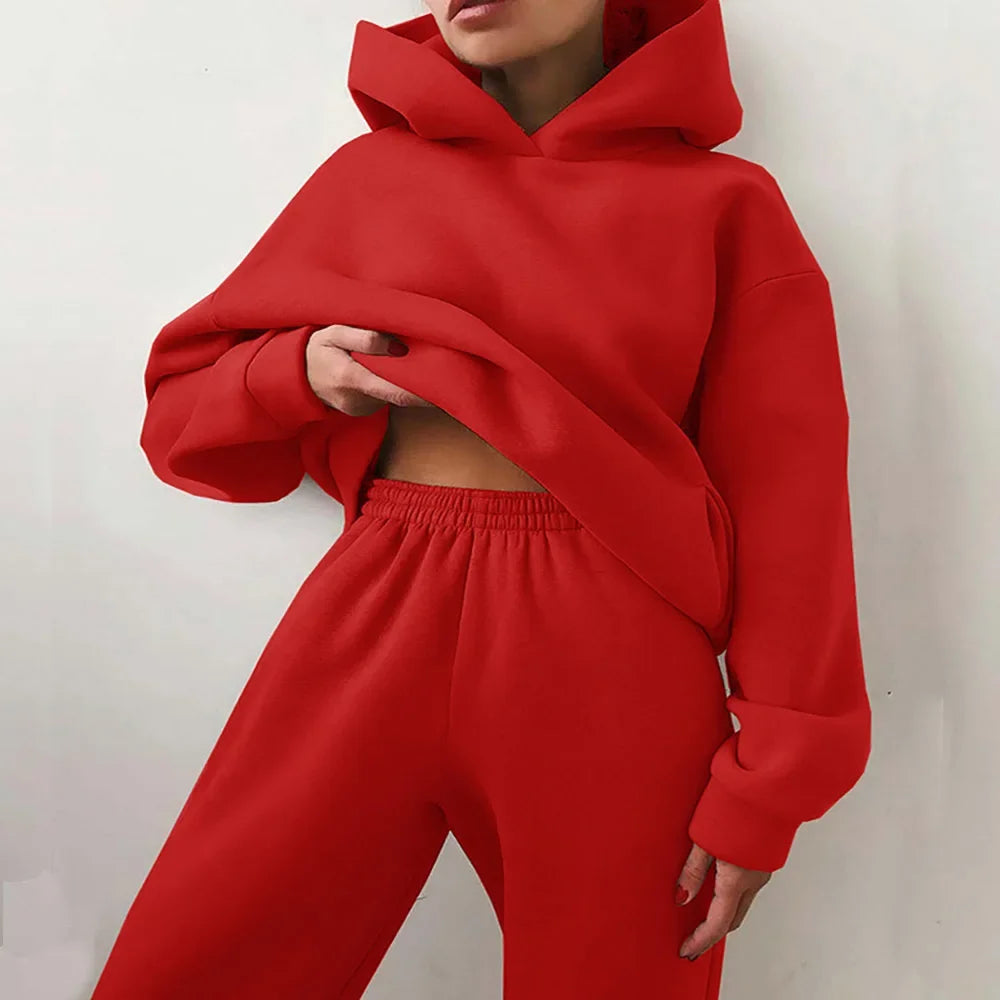 Women Tracksuit Set Solid Long Sleeve Sport Suits Autumn Winter Warm Hooded Sweatshirts And Jogger Pants  Two Piece Set