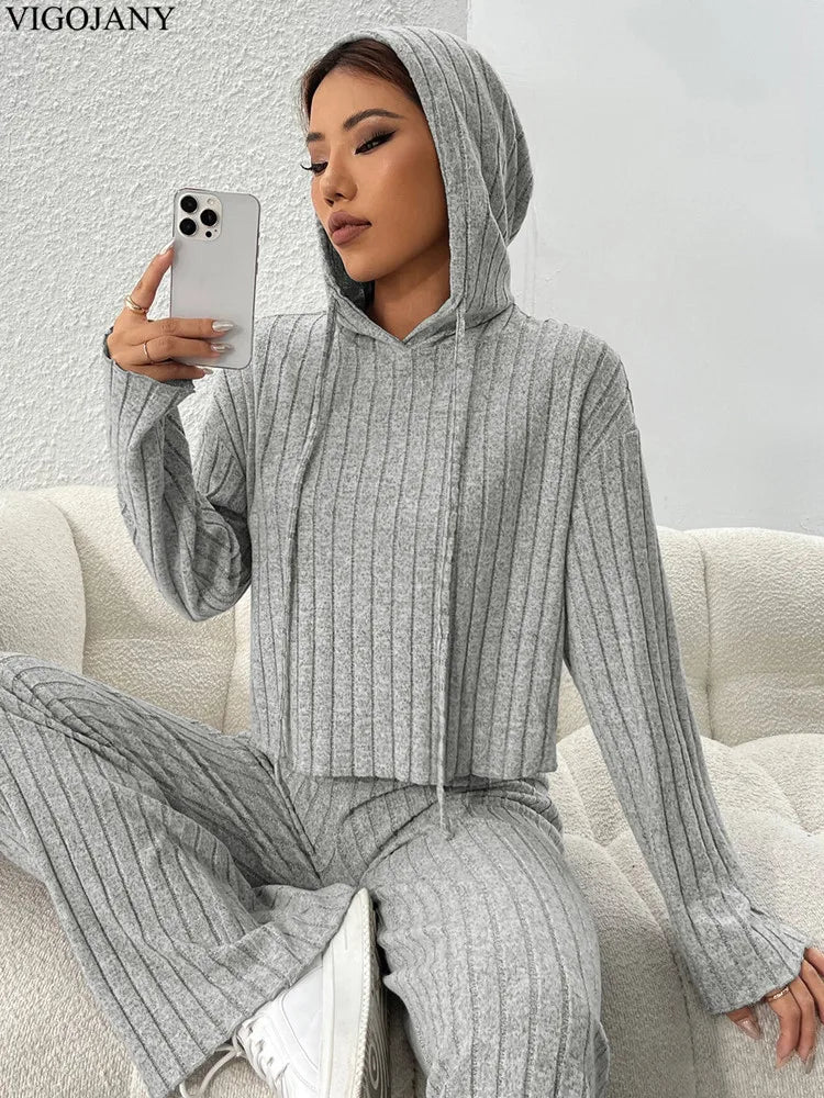 Knit Long Sleeve Pullover Set Winter Casual Knitted High Waist Long Pants Suit Women Hooded Gray Sport Two Piece Set