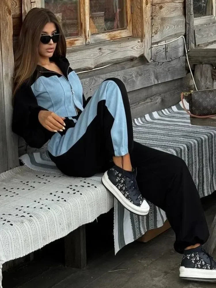 2 Piece Hoodie Sets Long Sleeve Zipper Women's Tracksuit New Crop Tops Wide Leg Sport Pants Set