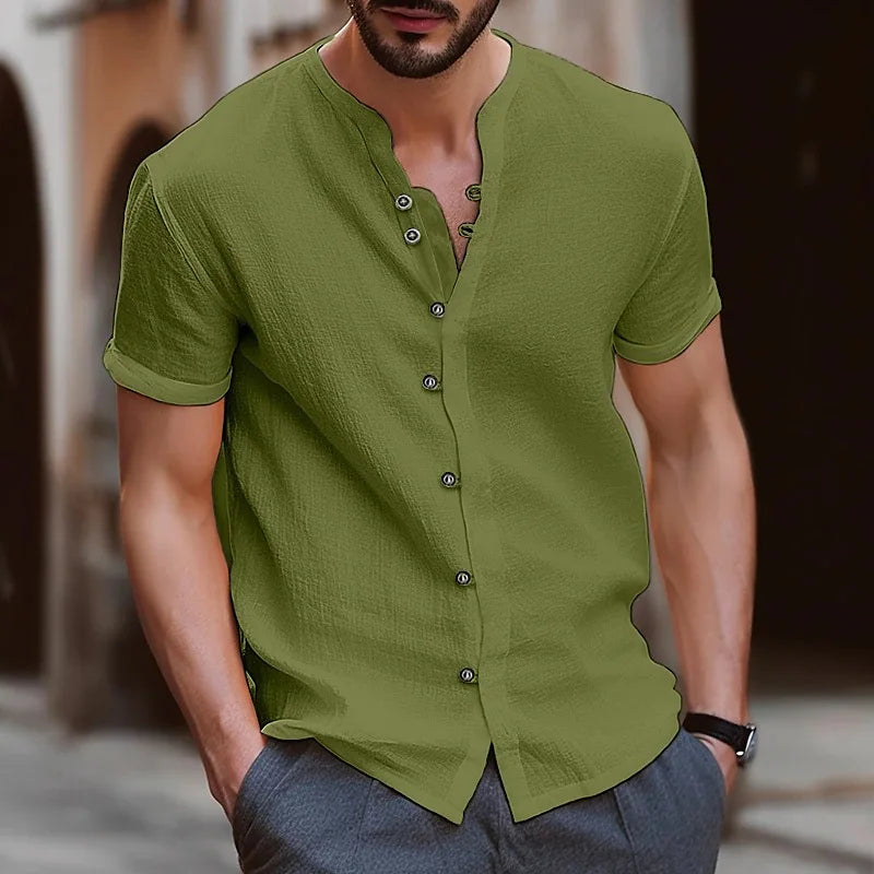 High quality fashion men's collarless short sleeve Polo shirt men's beach style casual collarless T-shirt garment top