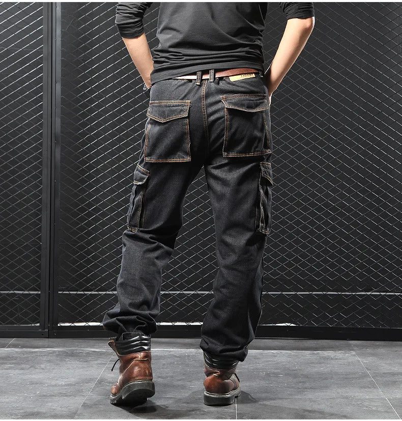 Men's Multi-Pocket Straight Cargo Jeans Loose Casual Jeans