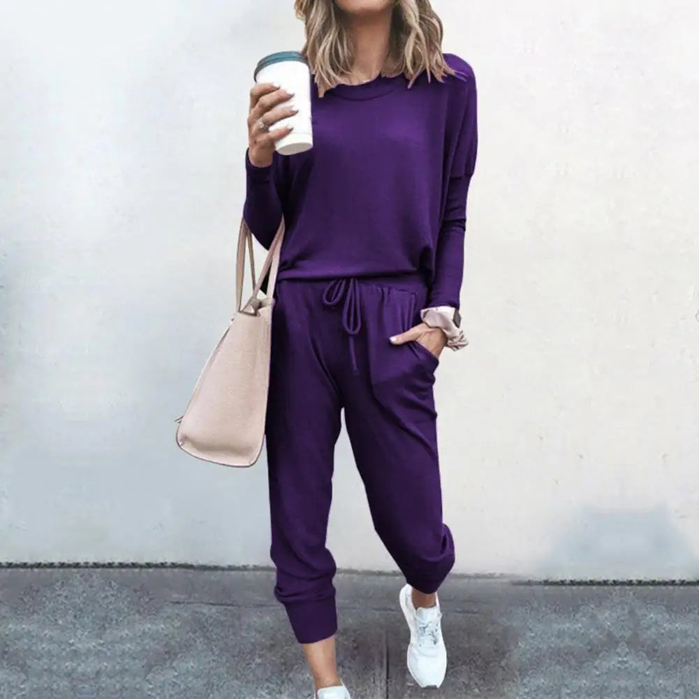 Drawstring Elastic Waist Sweatpants Set Fashion Sporty Casual Pullover Tops Pants Set Lady Tracksuit Set