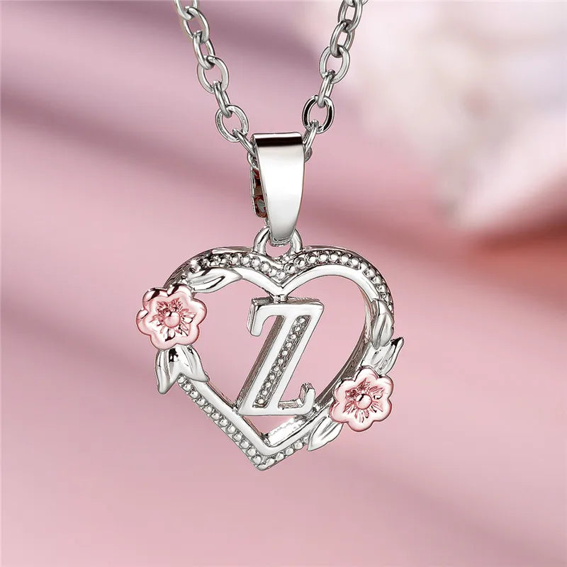 Cute Female A-Z Letter Flower Pendant Necklace Silver Color  Jewelry Gift For Women