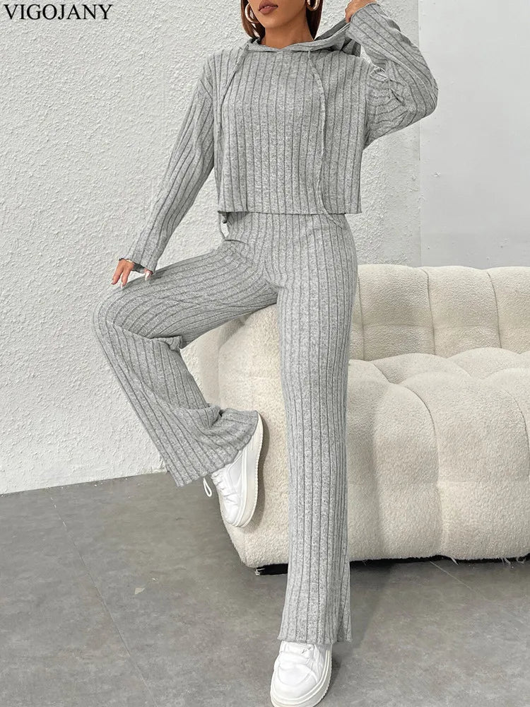 Knit Long Sleeve Pullover Set Winter Casual Knitted High Waist Long Pants Suit Women Hooded Gray Sport Two Piece Set