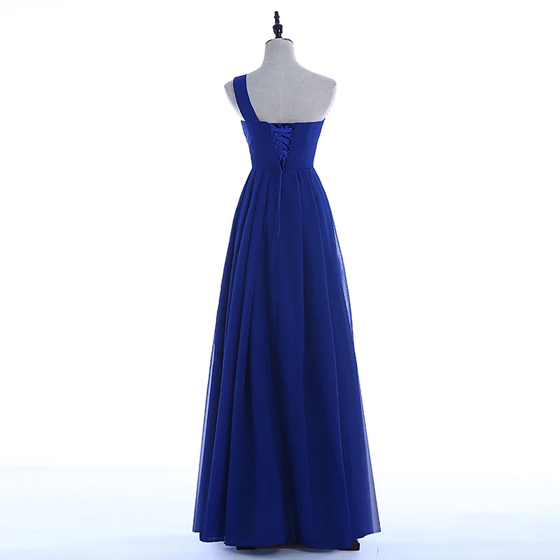 Women Robe De Soire Long Formal Blue Evening Dress Party One Shoulder Chiffon Lace-up Maxi Plus Size