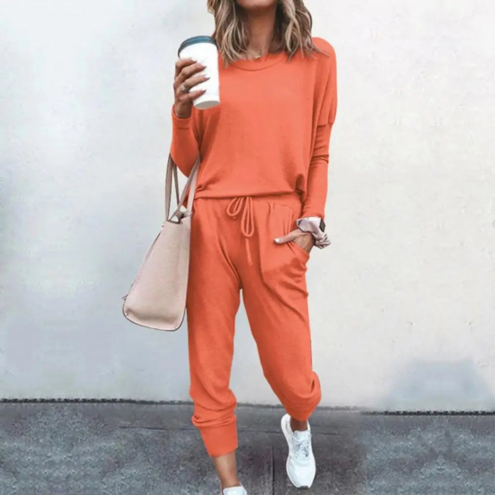 Drawstring Elastic Waist Sweatpants Set Fashion Sporty Casual Pullover Tops Pants Set Lady Tracksuit Set