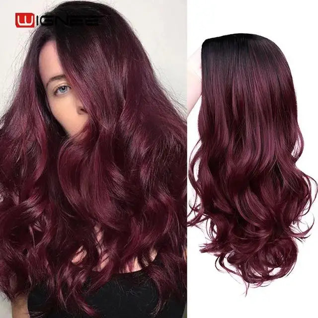 Light Blue Wig Synthetic Ombre Long Wavy Body Wave Side Part Heat Resistant Natural Hair Wigs