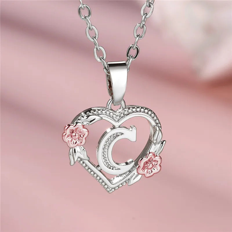 Cute Female A-Z Letter Flower Pendant Necklace Silver Color  Jewelry Gift For Women