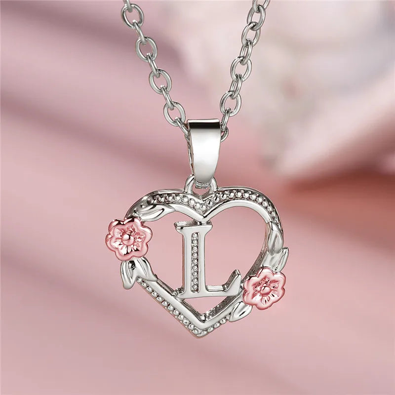 Cute Female A-Z Letter Flower Pendant Necklace Silver Color  Jewelry Gift For Women