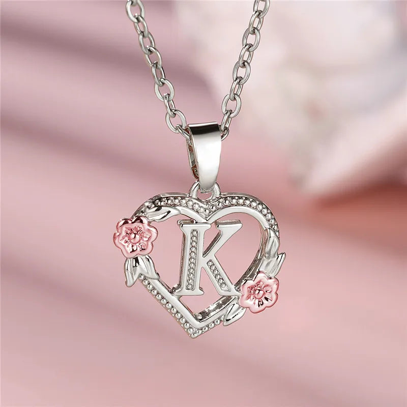 Cute Female A-Z Letter Flower Pendant Necklace Silver Color  Jewelry Gift For Women