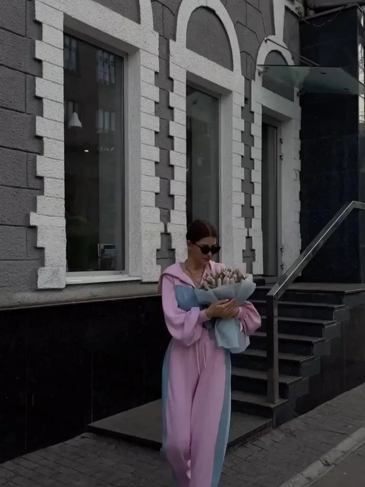 2 Piece Hoodie Sets Long Sleeve Zipper Women's Tracksuit New Crop Tops Wide Leg Sport Pants Set