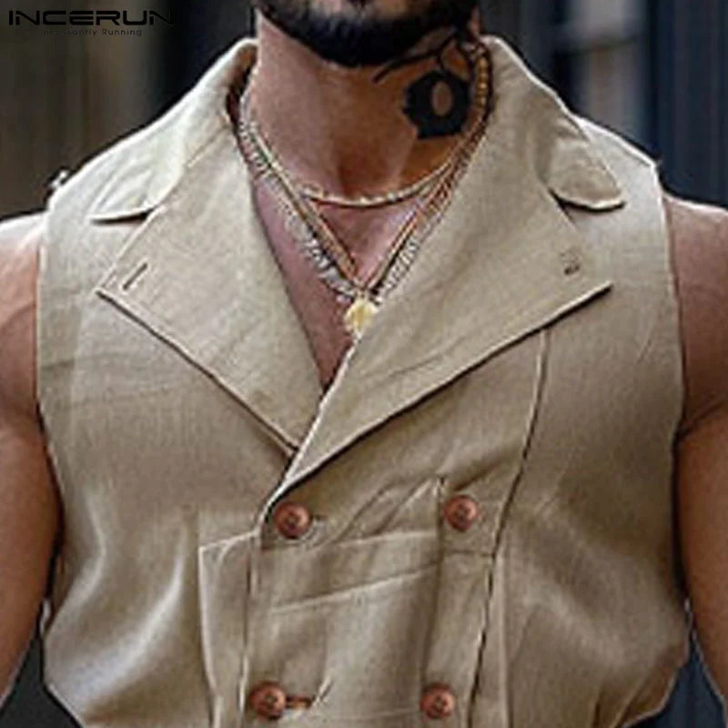 Men Jumpsuits Solid Color Double Breasted Lapel Sleeveless Lace Up Male Rompers Fashion Casual Overalls S-5XL