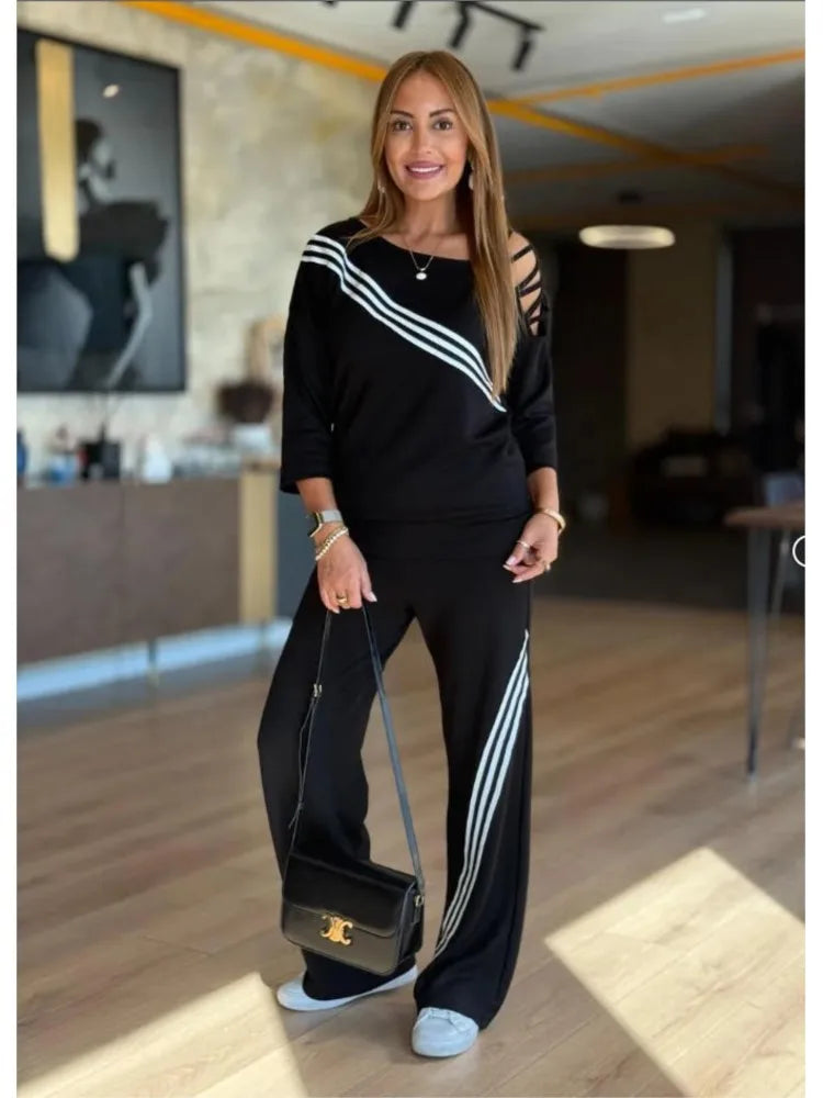 Fashion Printed Striped Cutout 7-inch Sleeve T-shirt Women Long Pants 2piece Set Autumn Casual Loose Sport Long Pants Set