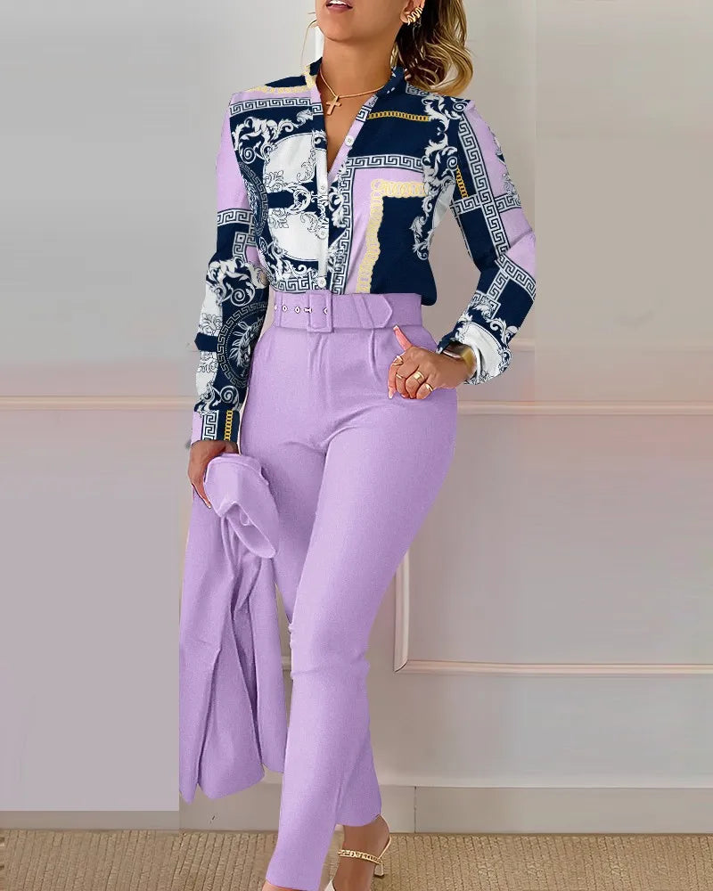 Stand Neck Floral Print Long Sleeve Shirt Pants Two Piece Sets Elegant Women Casual Shirt Trousers Suits With Belt