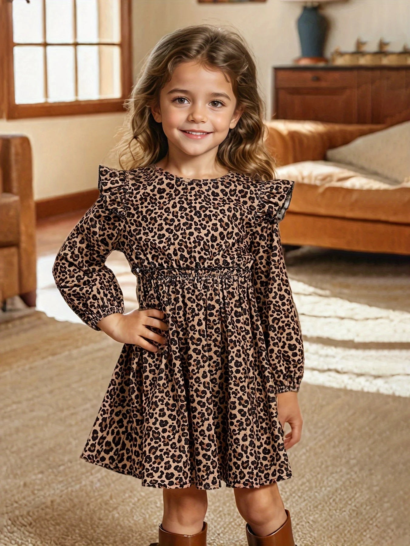 Girls Leopard Print Long-Sleeved Drop Collar Small Flying Sleeves Long-Sleeved Ruffled Simple Dress