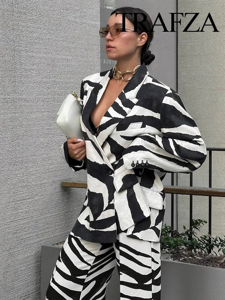 Women Zebra Stripes Suit  Pocket Single Deduction Decorate Turn-Down Collar Blazer Jacket+Zipper Casual Wide-Leg Pants