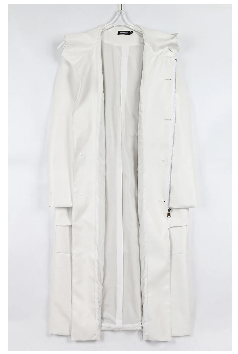 Spring Autumn Extra Long Black Loose Waterproof Windproof Soft Pu Leather Trench Coats Men with Hood Zip Up Overcoat