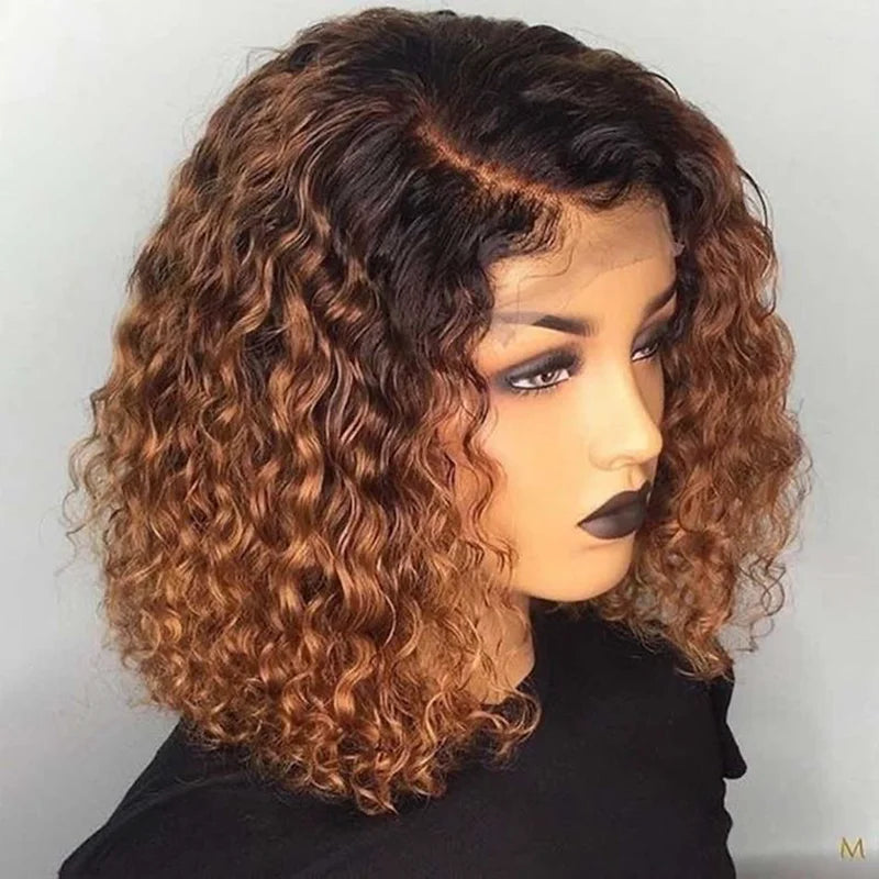 1B/27 Ombre Color Short Curly 13X6 Lace Front Human Hair Wigs With Baby Hair Pre Plucked Remy Brazilian Bob Wigs Bleached Knots