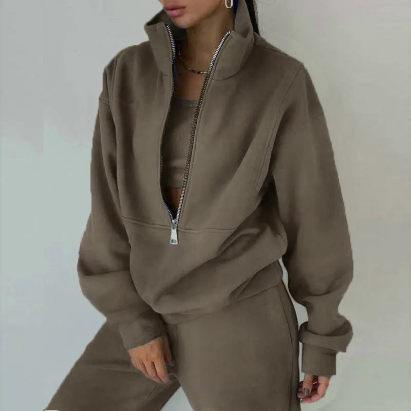 Sporty Sweatshirt Sets Two Pieces  Stand Collar Zip Long Sleeve Hoodie &High Elastic Sweat-pant Suits