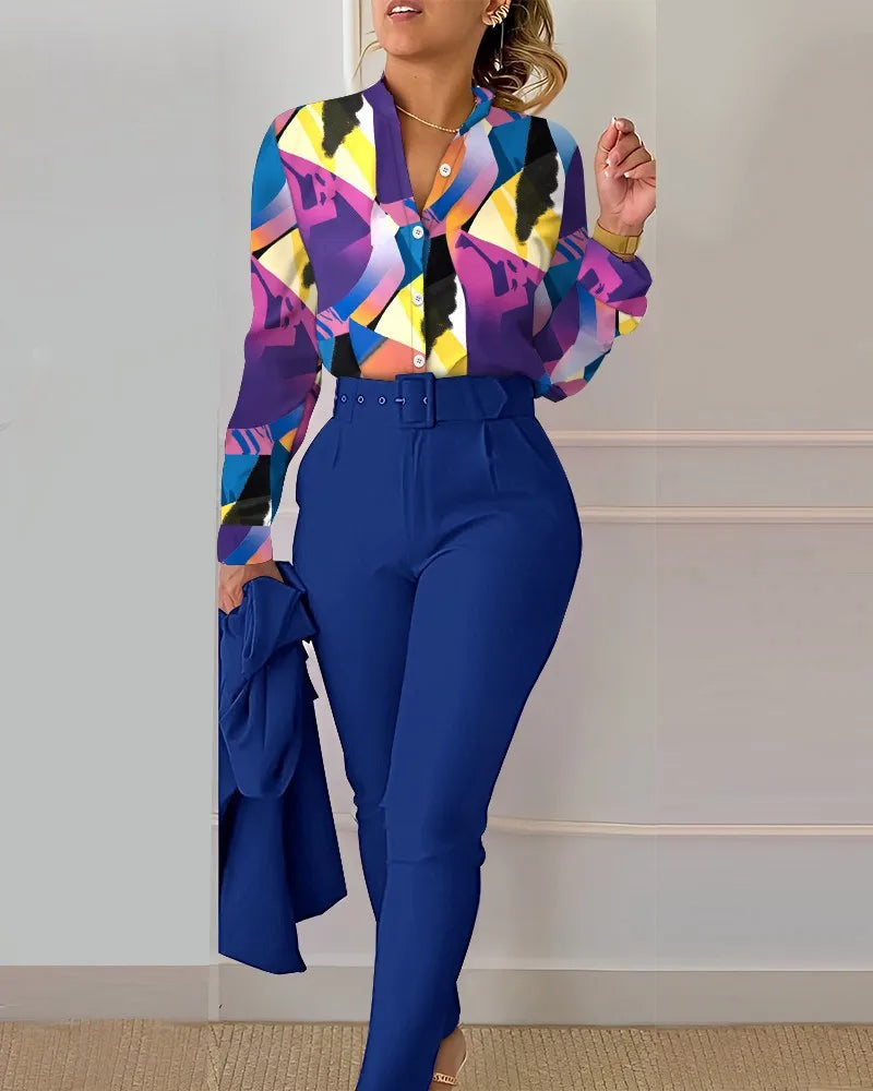 Stand Neck Floral Print Long Sleeve Shirt Pants Two Piece Sets Elegant Women Casual Shirt Trousers Suits With Belt