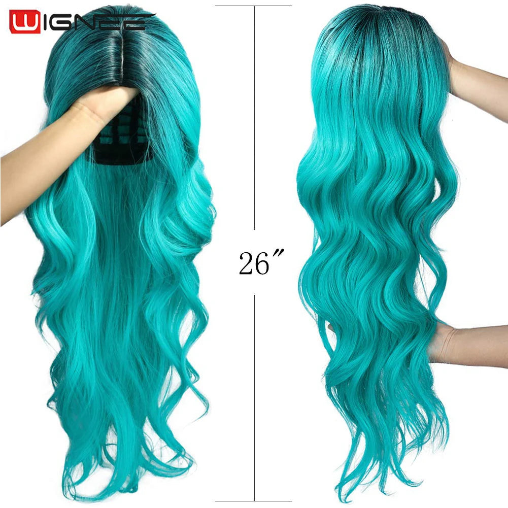 Light Blue Wig Synthetic Ombre Long Wavy Body Wave Side Part Heat Resistant Natural Hair Wigs
