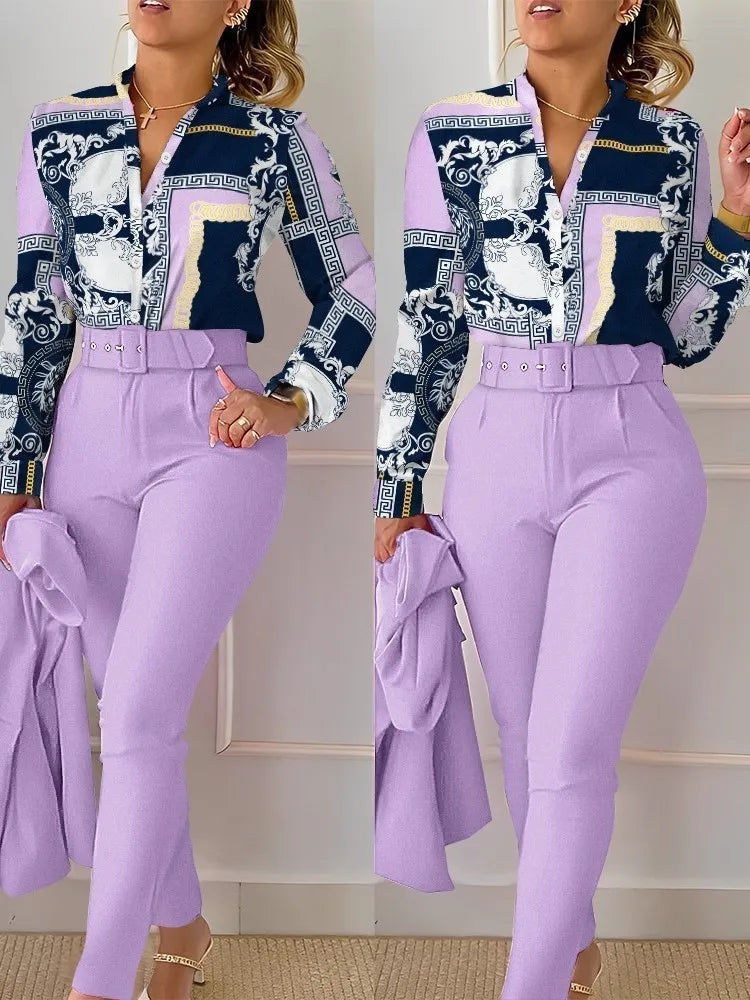 Stand Neck Floral Print Long Sleeve Shirt Pants Two Piece Sets Elegant Women Casual Shirt Trousers Suits With Belt